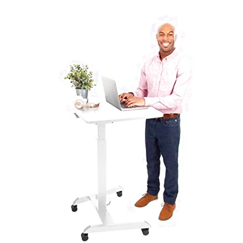 Stand Steady Multifunctional Mobile Podium Desk | Portable Sit to Stand Lectern with Pneumatic Height Adjustment & Tilting Desktop | Rolling Laptop Stand | Mobile Desk for School, Home, Office (White)