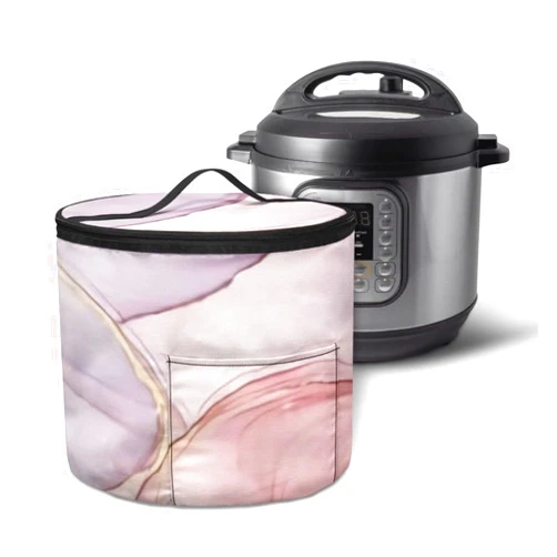 Twousenru Pink Marble Texture Pressure Cooker Travel Tote Bag, Top Handle and Pocket for 6 Quart Cooker Accessories, Insulated Travel Carrier with Easy to Clean Lining Air Fryer Cover Dust Cover