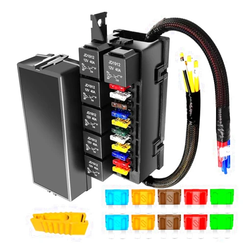 Gebildet 12V Fuse Relay Box with 6 Relays and 11 Way ATC/ATO Blade Fuses, Pre-Wired Fuse and Relay Box 12 Vlot Relay Fuse Box Block for Automotive Marine Boat
