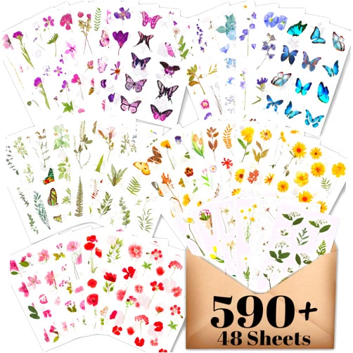 Arme Flower Stickers for Scrapbooking(590 Pieces, 48 Sheets),Decorative Floral Stickers, Small Flower Stickers for Adults, Pressed Flower Stickers Pack, Colorful Wildflower Stickers for Scrapbooking
