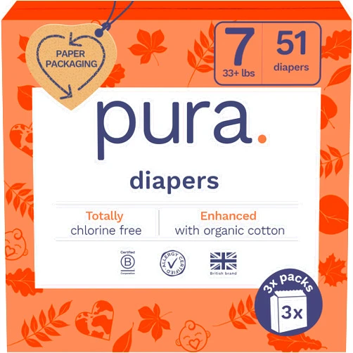 Pura Size 7 Eco-Friendly Diapers (33+lbs) Totally Chlorine Free (TCF) Hypoallergenic, Soft Organic Cotton, Sustainable, up to 12 Hours Leak Protection, Allergy UK, 3 Packs of 17 (51 Diapers)
