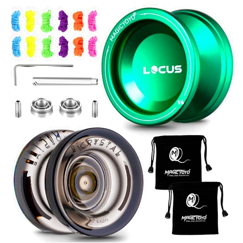 MAGICYOYO 2 Pack Yoyos - K2 Crystal Black & V6 Green, Dual Purpose, Responsive for Kids, Unresponsive Bearing for Adults, 12 Strings, 2 Bags, Bearing Removal Tool