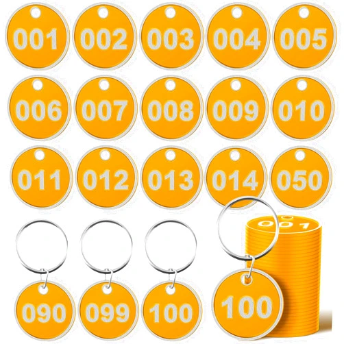 Tandefio 1-100 Numbered Key Tags Round ID Aluminum Alloy Metal Number Tags Marking Hang Luggage Labels with Rings for Dormitory Key Chain Box Cabinet Lockers(Gold)