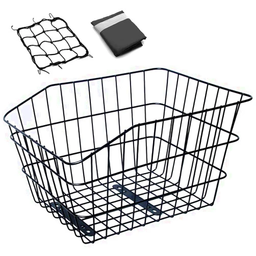 ANZOME Rear Bike Basket, Waterproof Metal Wire Bicycle Basket with Adjustable Cargo Net and Waterproof Rainproof Cover Fits to Most Rear Bike Racks