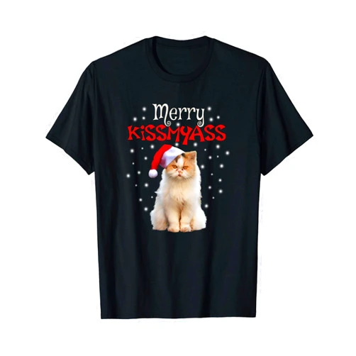 Merry KissMyAss Cat Shirts X-mas humor for adults Merry KissMyAss Cat Shirt Cute Cat with Christmas Santa Hat T-Shirt