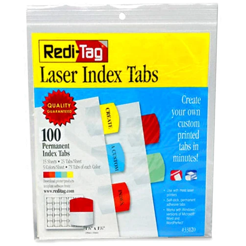 Redi-Tag Laser Printable Index Tabs, Permanent Adhesive, 1-1/8 x 1-1/4 Inches, 100 Tabs per Pack, Assorted Colors (33120) Office Supply Product