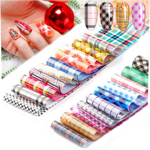 Kalolary 20 Sheets Buffalo Plaid Nail Foil Transfer Sticker, Kalolary Holographic Lines Foil Full Nail Wraps Decals for Winter DIY Nail Art