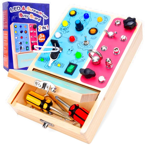 Aucurwen 2-in-1 Montessori Wooden Busy Board, Sensory Board with Light Switch & Screwdriver, Montessori Toys with Storage Box for 3+ Year Old Baby and Toddlers
