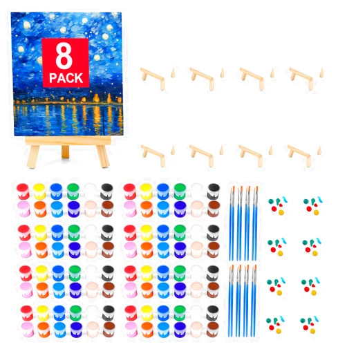Pomaylor 8 Pack 8 * 10In Canvas Boards for Painting, Art Canvas for Drawing with 16 Brushes & 8 Paint Trays & 16 Acrylic Paint, Mini Painting Canvas with Easel Set, Painting Kits for Adults & Kids Party