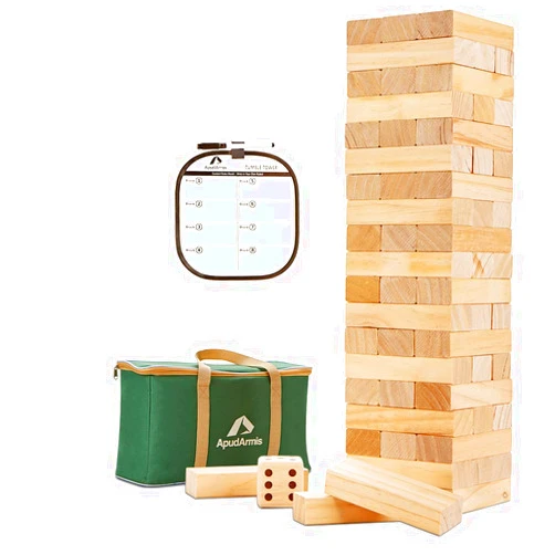 ApudArmis 60 PCS Tumble Tower, (Stack up to 5Ft) Pine Wooden Stacking Timber Game with 1 Dice Set - Classic Block Outdoor Game for Teens Adults Family