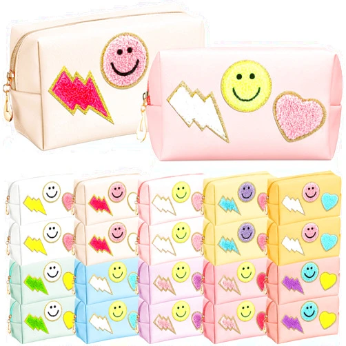 Sanwuta 20 Pieces Preppy Patch Makeup Bag Bulk Chenille Letters Bags PU Leather Aesthetics Cosmetic Organizer Smile Lightning Heart Toiletry Pouch Portable Waterproof Zipper Storage Purse for Women