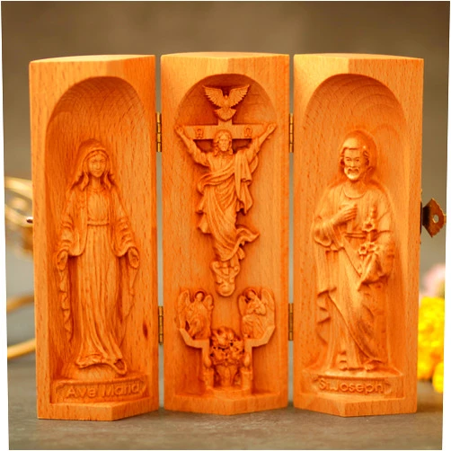 SutiCraftShop Home Portable Altar Table Catholic Triptych Art Wood Carving Catholic Collectibles Religious Triptych Catholic Gifts Housewarming Gifts