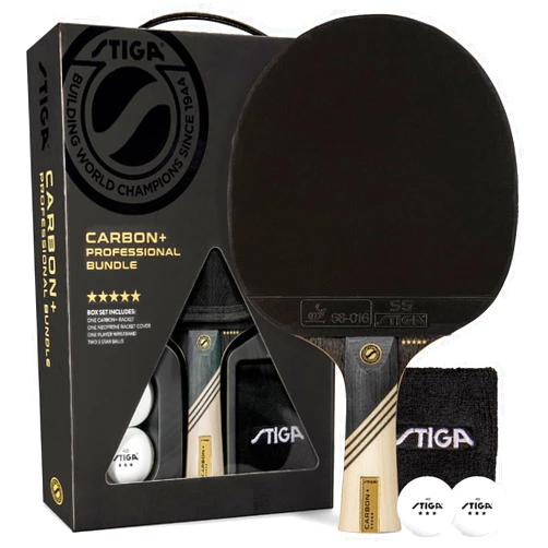 STIGA Carbon+ Bundle Ping Pong Paddle Set – 7-ply Extra Light Carbon Fiber Blade – 2mm Premium Sponge – Concave Pro Handle – 2 3-Star Tournament Balls – Neoprene Racket Cover – Player Wristband