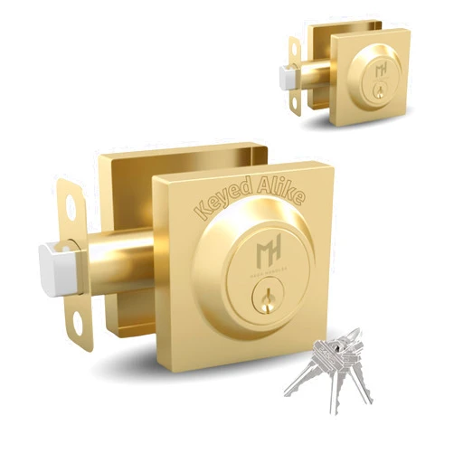 MEGA HANDLES Deadbolt 2 Pack I Entry Deadbolt Lock - Heavy Duty Square Locking Deadbolt for Left or Right-Handed Doors - Interior/Exterior - Satin Brass - Pack of 2 - Keyed Alike