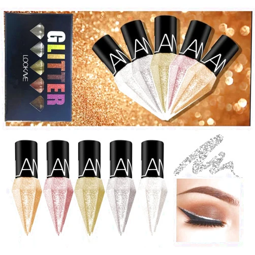 Go Ho Glitter Liquid Eyeliner Colorful Set,5 Colors Metallic Shimmer White Silver Gold Diamond Eye Liner,Glitter Eyeliner Eyeshadow Shine,Waterproof Long Lasting Glow Sparkle Eye Makeup