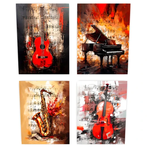 NIIORE Music Themed Wall Art, Vintage Music Canvas Art Posters, Guitar, Piano, Saxophone, Violin, Rock Music Room Decor, Set of 4 - (8 x 10 Inch, Unframed)