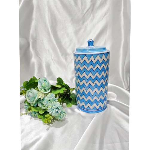 Generic Tradition Treasure Big Size Handcrafted Large Round Ceramic Jar (Barni) | Glossy Finish – 900 ml Capacity, with Lid for Serving Ground Coffee, Tea, Sugar, Salt (Blue Ocean)