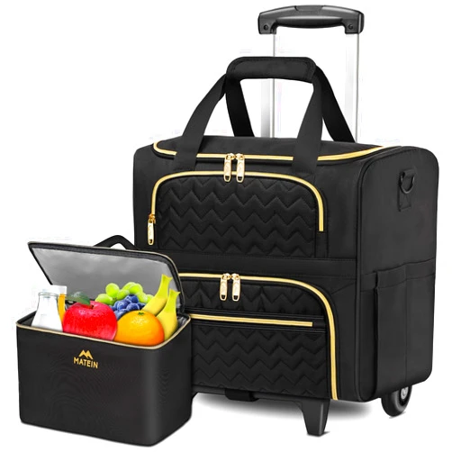 MATEIN Rolling Laptop Bag for Women, 15.6 Inch Rolling Briefcase with Wheels & Detachable Cart, Teacher Roller Computer Tote Bag with Insulated Cooler Lunch Box for Nurse Work Business Office, Black
