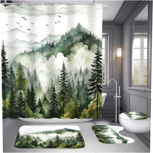 NBVKO 4Pcs Green Misty Forest Shower Curtain Set with 12 Hooks Non-Slip Rugs,Toilet Lid Cover and Bath Mat,Nature Tree Mountain Bathroom Decor for Hotel & Home Bathroom