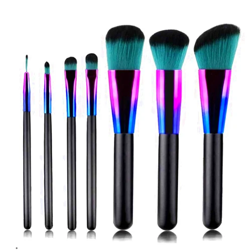 EXmalAia 7 Colorful Makeup Brushes Set Gradient Blue Wooden Handle Beauty Makeup Brush Set Eyeshadow Brush