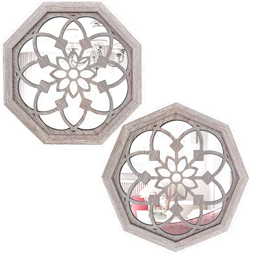 ZOLAPI 2 PCS Octagon Wall-Mounted Mirrors,Vintage Farmhouse Mirror for Wall Decor,Barn Wood Color Decorative Accent Mirror for Foyer, Bathroom, Bedroom. (12”x12”)