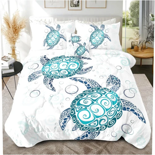Sleepwish 4 Pieces Sea Turtle Comforter Set King Size Bedding for Kids Royal Aqua Blue Tortoise Comforter Soft Bed Set