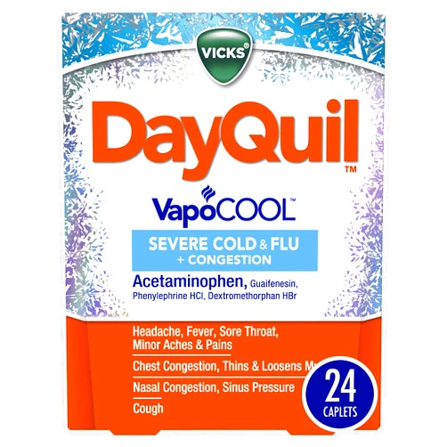 Vicks DayQuil SEVERE with Vicks VapoCOOL Cough, Cold & Flu Relief, 24 Caplets (Non-Drowsy) - Sore Throat, Fever, and Congestion Relief