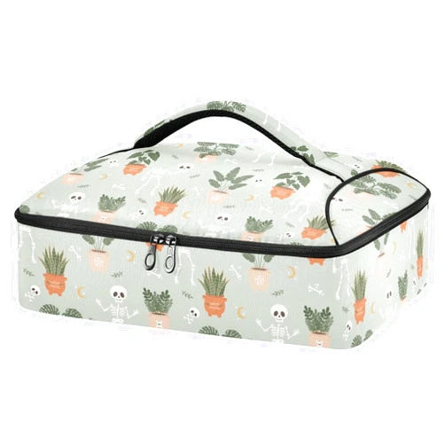 Takiito Skeletons Plants on Sage Green Insulated Casserole Carrier for Hot or Cold Food, Food Carrier with Dish Bag for Party Picnic Cookout, Fits 9”x13” Baking Dish
