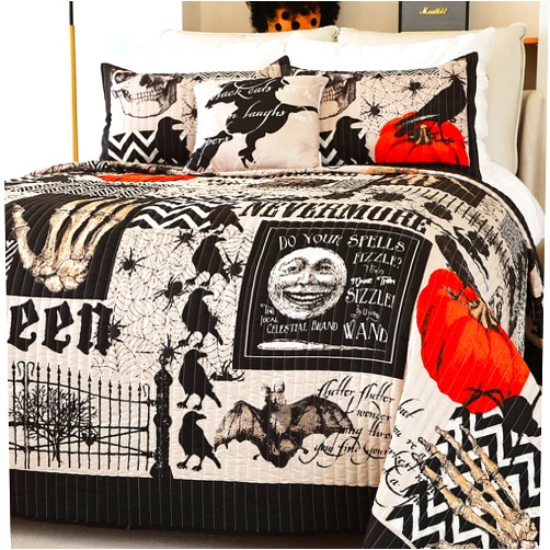 Cmfshape Halloween Bedspread,Black Quilt Set King Size,Pumpkin Ghost Festival Themed Bedding Set,Decorative Quilted 4 Piece Coverlet Set with 3 Pillow Shams(Black,King104 x90)
