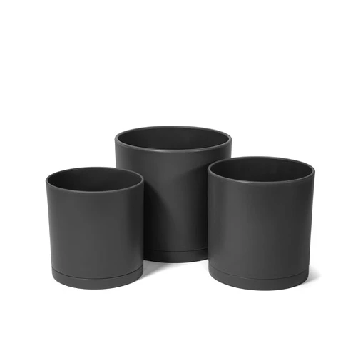 D'vine Dev 6 Inch 6.5 Inch 8 Inch, Set of 3 Plastic Planter Pots for Plants with Drainage Hole and Seamless Saucers, Black Color, Medium, 74-V-B-3