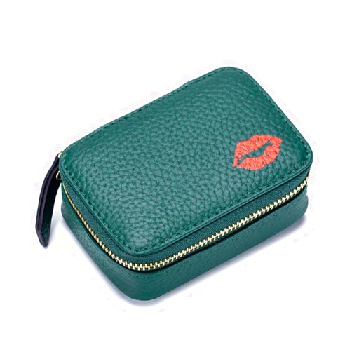 MFFOR Leather Cometic Bag for Women Mini Travel Lipstick Makeup Bag Organizer with Mirror (Dark Green)