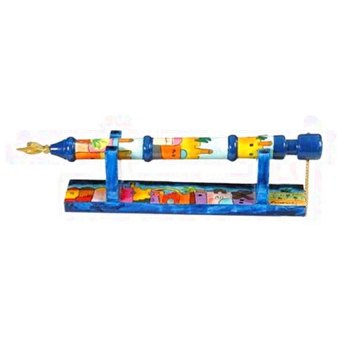 Yair Emanuel Hand Painted Wooden Yad - Torah Pointer With Stand Jerusalem Design (TP-1)