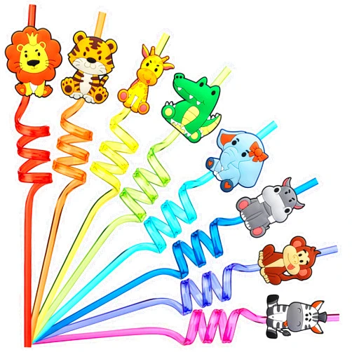 DMIGHT Jungle Safari Party Favors 24 Reusable Wild Animals Plastic Straws for Kids Birthday, Woodland Party Gift Favors with 2 Cleaning Brushes