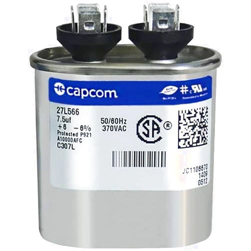 Genteq GENTEQ - C307L / 27L566 GE Capacitor Oval 7.5 uf MFD 370 Volt 27L566, 27L566S(Replaces Old GE# 97F9001, Z97F9001, 97F9001BX & 27L566BZ3), 7.5 MFD at 370 Volts