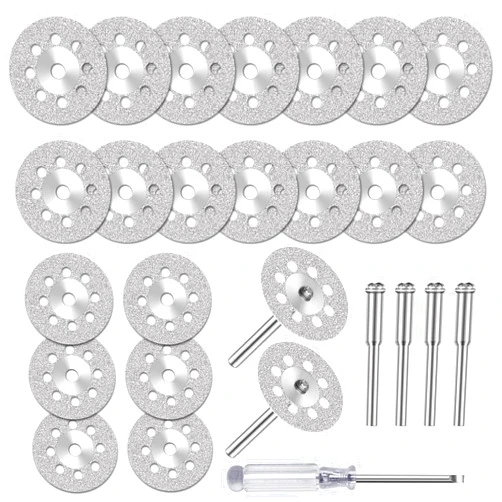 FOTYBEI 20 pcs 545 Diamond Cutting Wheel Cut Off Discs Coated (22mm) for Dremel Rotary Tool with 402 Mandrel (3mm) 4pcs and Screwdriver for Rotary Tool Accessories