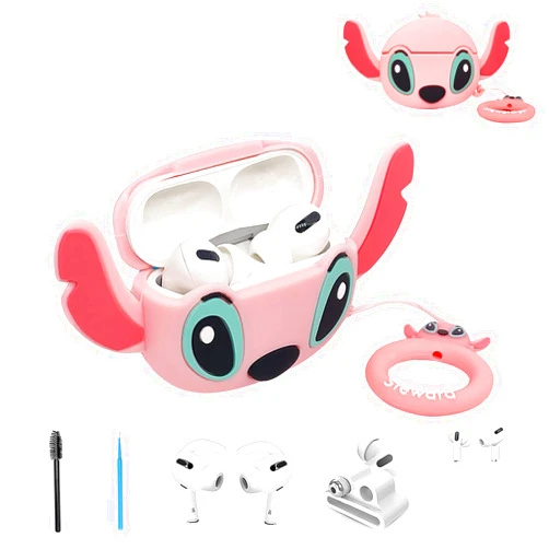 Skyconser 7 in 1 Set Stitch Airpod Pro Case, Fashion Cute Funny Cool Food Silicone Cover Accessories Skin for Girls Men Boy with Ear HooksCaseWatch Band HolderBrushKeychain (Pink Stitch 2)