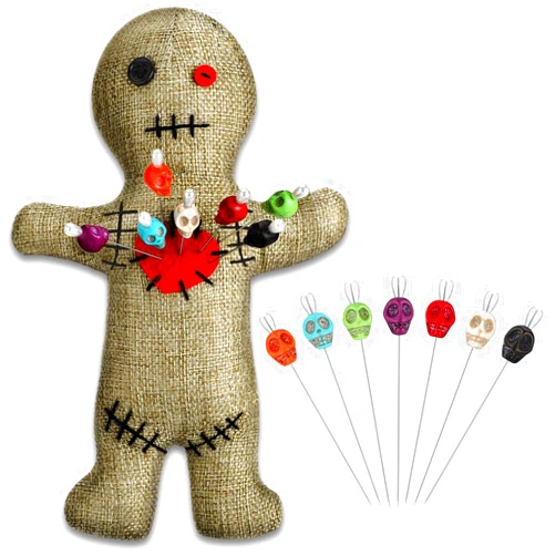 Kathfly 8 Pcs Voodoo Doll Set Include Horror Doll, 7 Pcs Skull Pins Ghost Soft Revenge Dammit Creepy Pin Holder Voodoo Resin Metal Straight Pins Stress Relieving(Flaxen)