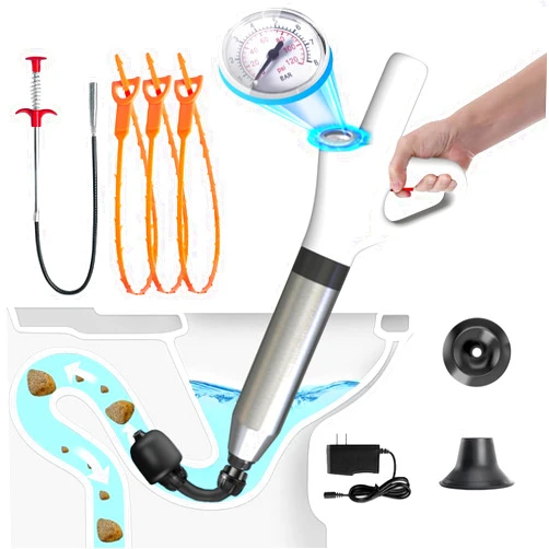 Hengriacly Electric Toilet Plunger with One -Touch Button, High Pressure Toilet Plunger with Barometer, Versatile Home Toilet Clog Remover, Air Plunger for Toilet, Bathroom, Floor Drain, White