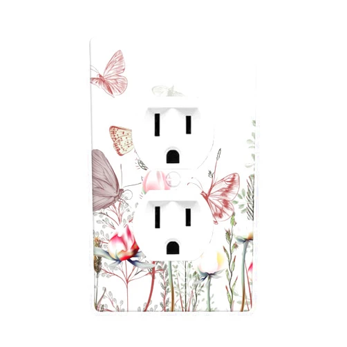 Mdulftar 1-Gang Duplex Outlet Wall Plate, Pink Vintage Wildflower & Butterfly Printed Pattern Outlet Cover, Boho Cottage Decor for Bathroom Bedroom