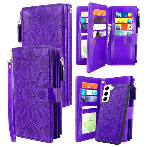 Harryshell Detachable Magnetic Zipper Wallet Leather Case with Cash Coin Pocket 12 Card Slots Holder Wrist Strap Lanyard for Samsung Galaxy S22+ S22 Plus 5G 6.6 Inch Flower (Purple) [Not Fit S22]