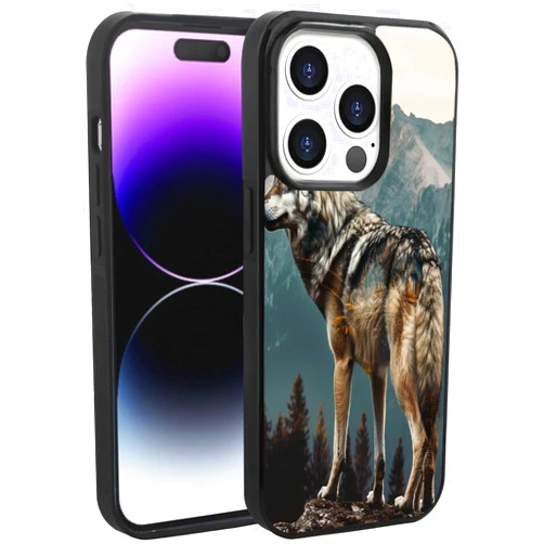 DeweiDirect Phone Case for iPhone 14 Pro with Wolf Art Print JX034 Black Slim Rubber Frame Full Body Protection Cover Case for iPhone 14 Pro Drop Protection