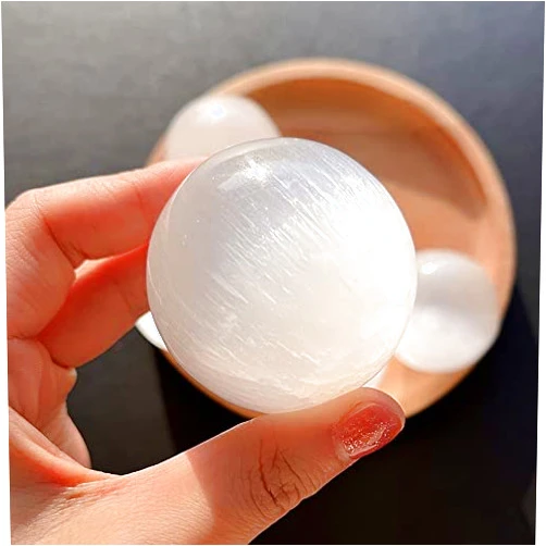 Loverain 1pcs White Big Selenite Crystal Ball with Decorative Wooden Stand for Meditation Fengshui Home Decors Healing Crystal Ball(60mm / 2.36 in)