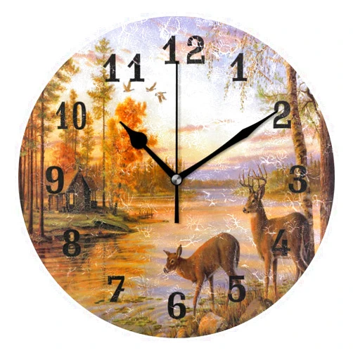 AUUXVA Wall Clock Forest Deer Tree River, Silent Non Ticking Clock for Kitchen Living Room Bedroom Home Artwork Gift