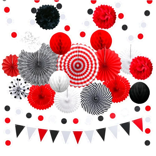 Marwey Red and Black Paper Fan Graduation Party Decorations,23Pcs Hanging Paper Fans, Pom Poms Flowers, Garland String Polka Dot and Triangle Bunting Flag Packs for Women Birthday Bridal Shower Baby Showers