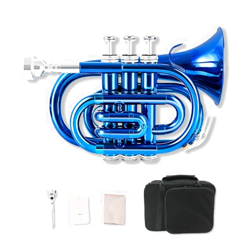 Yinfente B Flat Pocket Trumpet Bass Trumpet For Beginner,Student With Cleaning cloth, Silver plated 7C mouthpiece,hard case White gloves (Blue)