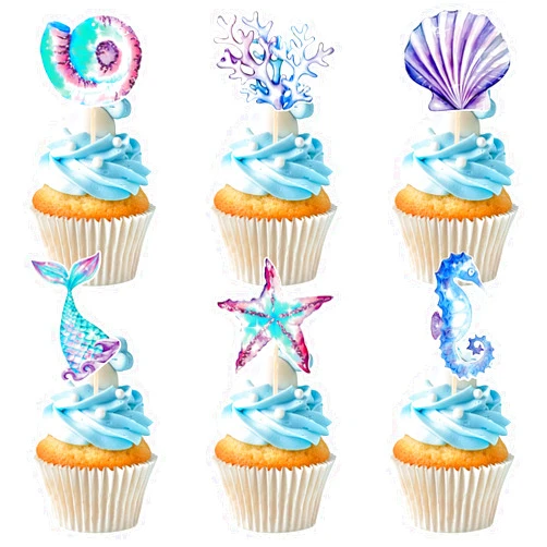 Hidaily 36Pcs Mermaid Tail Cupcake Toppers, Mini Mermaid Tail Shell Cake Decorations Under the Sea for Girls Mermaid theme Birthday Party Supplies