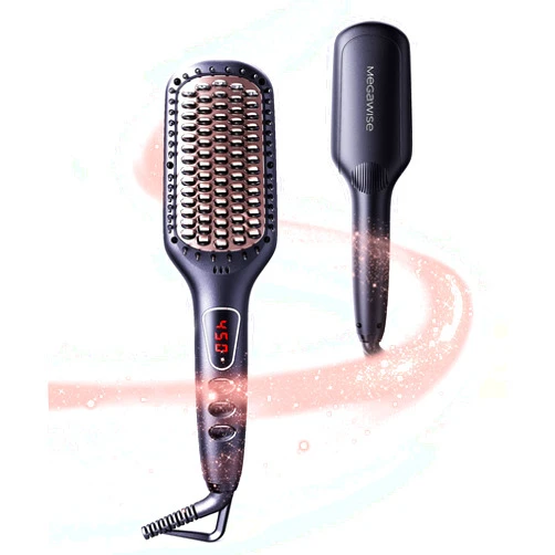 MEGAWISE Pro Ceramic Ionic Hair Straightener Brush for Home Salon, Straightening Hair Brush with 20s Heating Tech, Auto-Off, Anti-Scald with Universal Dual Voltage,Rotatable Power Cord, Black