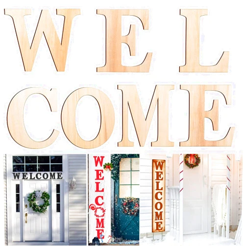 Yuecoom Welcome Letters, 7PCS Wood Large Letter Cutouts, Unfinished 2mm Thick Wood Sign for Wall DIY Decoration, Porch Crafts for Home Party Holiday Supplies