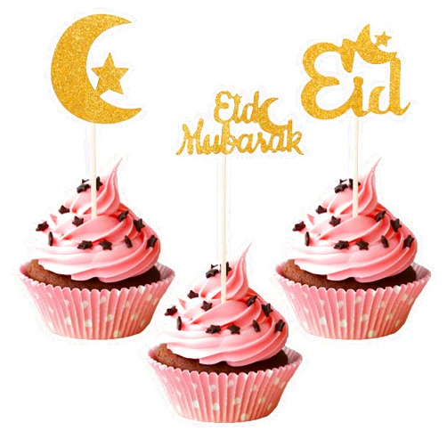 PEUTIER 24pcs Eid Mubarak Cupcake Toppers, Glitter Gold Moon Star Cake Topper Ramadan Kareem Cake Topper Eid Cupcake Picks Eid Mubarak Decorations for Islamic Muslim Theme Party