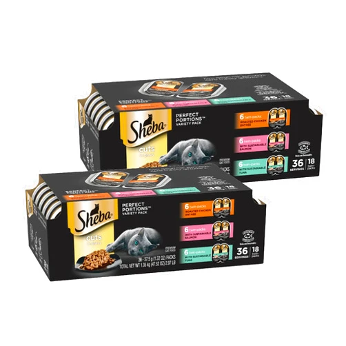 Sheba Perfect Portions Wet Cat Food Cuts in Gravy Variety Pack, Roasted Chicken, With Sustainable Salmon, and With Sustainable Salmon, 2.6 oz., Twin-Pack Trays (18 Count, 36 Servings) (Pack of 2)
